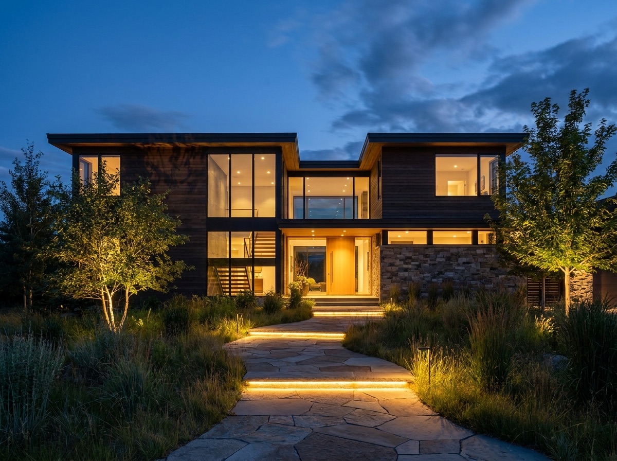 A Pasadena home at dusk with warm landscape and exterior lighting installed by Rescue Electric